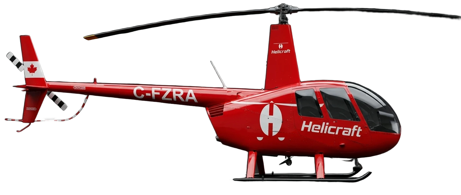 Hélicoptère Robinson R44 rouge d’Hélicraft, immatriculé C-FZRA